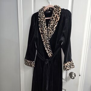 Leopard Trim Black Velvet Robe